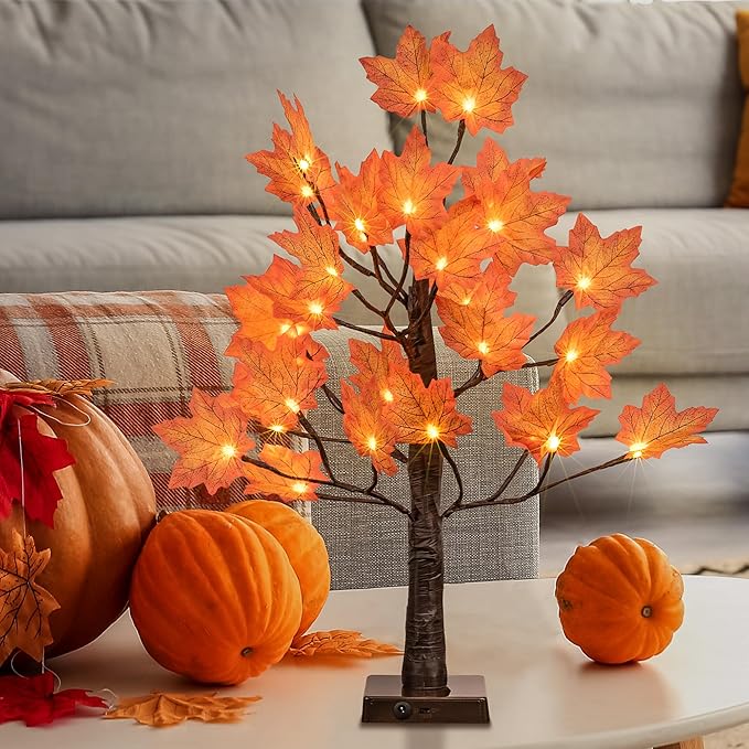 Lightshare 24IN Lighted Maple Tree for Fall Decorations, USB & Battery Operated with Timer Table Lights for Home Party Indoor Outdoor Thanksgiving Autumn Harvest Decor