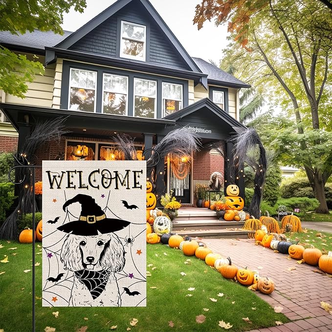 Halloween Garden Flag Poodle Cobweb Bats Double Sided Vertical Welcome Flag Holiday Outdoor Yard Lawn Decorations 12.5 x 18 Inch