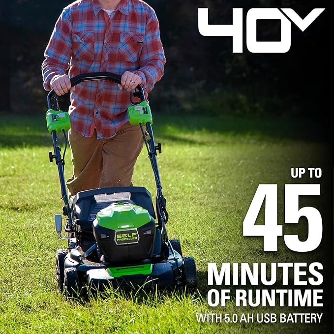 Greenworks 40V 21" Self-Propelled Lawn Mower,Axial Leaf Blower(500 CFM / 120 MPH),13" String Trimmer, 160 PSI Portable Tire Inflator, Includes 2 Batteries(5Ah+2Ah) & Chargers