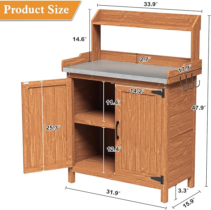 Outdoor Potting Bench with Storage, Wooden Garden Potting Table with Metal Tabletop and Removable Shelf, Potting Work Bench Station for Garden, Patio, Backyard