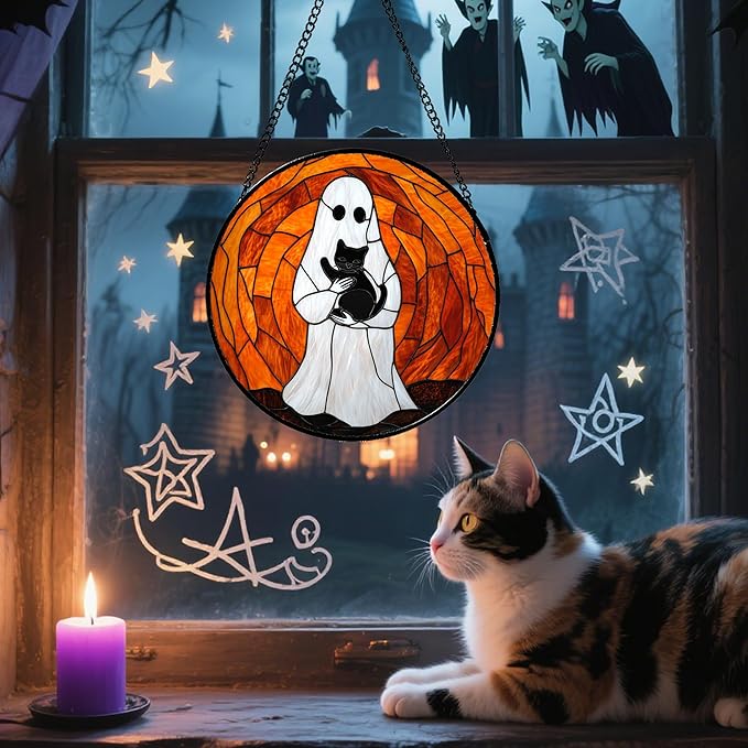 Stained Glass Window Hanging - Halloween Cute White Ghost Black Cat Suncatcher for Doors Garden Home Spooky Orange Sun Catchers Gothic Decor Horror Gift for Women Men Friend Boy Girl 6.3 in