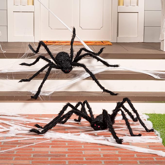 JOYIN 2 Pack 4 Ft Halloween Spider Decorations Outdoor, Scary Large Giant Spiders with Adjustable Legs for Halloween Outside Decor, Yard Lawn Indoor Haunted House Props