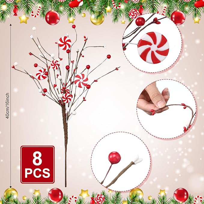 8 Pcs Christmas Candy Cane Decoration Xmas Tree Picks Ornaments, Red White Curly Pick and Spray with Artificial Berries Stem for Home Vase Filler Table Centerpiece Craft Xmas Tree Topper