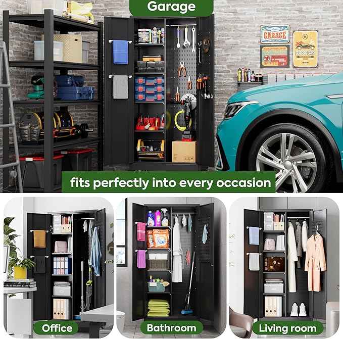 Broom Closet Storage Cabinet with Wheels and Pegboard,Metal Garage Storage Cabinet with Doors and Adjustable Shelves for Garage Home,Required Assembly,Black
