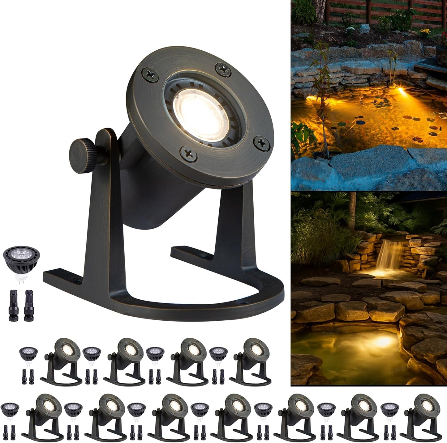 Solid Brass Underwater Pond Light - 12V Low Voltage IP68 Submersible Bronze Fixture, with 2700K MR16 LED for Outdoor Pond Fountain Waterfall Landscape Lighting(12 Pack)