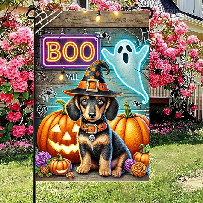 Halloween Pumpkin Puppy Dog Winter Garden Flag 12x18 Inch Double Sided Fall Flag