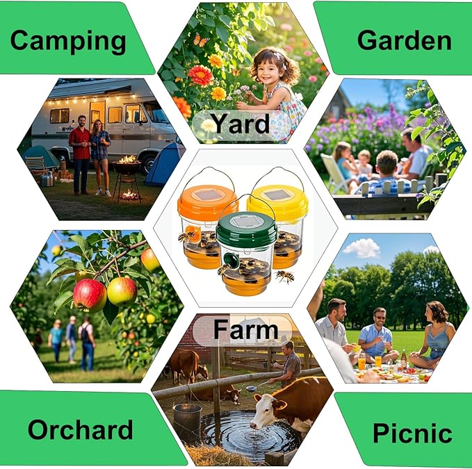 3 Pack Wasp Traps Outdoor Hanging, Solar Bee Trap for Outside with LED Light, Wasp Repellent, Bee Killer, Hornet Deterrent, Yellow Jacket Catcher, Reusable for Garden, Orchard, Indoor