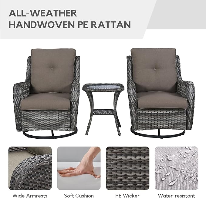 Patio Furniture 4 Piece, All-Weather PE Wicker Outdoor Furniture Set with CSA Certified 30in Propane Fire Pit Table,Outdoor Patio Furniture with Swivel Rocking Chairs