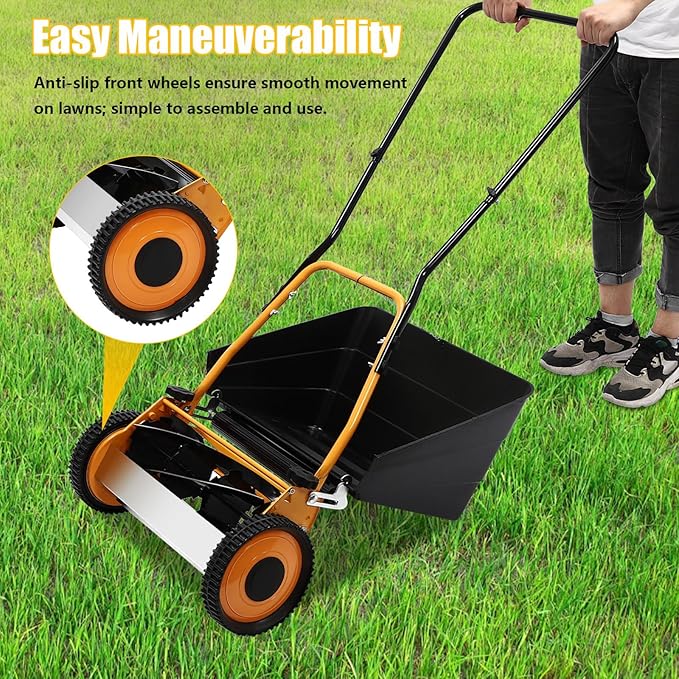 16" Manual Push Reel Lawn Mower - Hand Push Lawn Mower with Bag, Steel & Aluminum 2-in-1 Grass Cutter, Adjustable Cutting Height 0.47-1.65" for Small Yards, Gardens (Orange/Black)