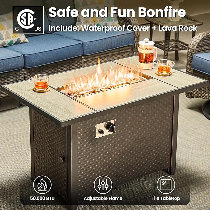 ovios 7 Pieces Patio Furniture Set, Outdoor Wicker Sofa Couch with Swivel Chairs 42" Fire Pit Table, All Weather High Back Modern Conversation Sets, Grey Rattan, Denim Blue