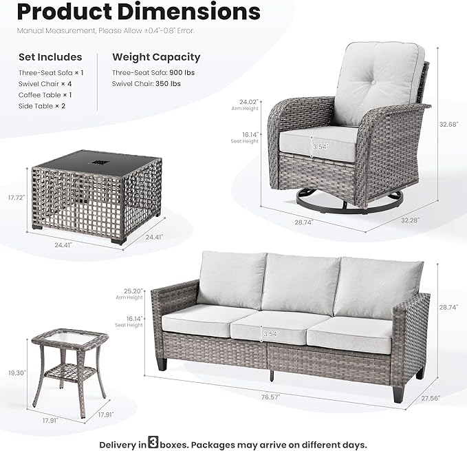 ovios 8 Pieces Patio Furniture Set, Outdoor Wicker Sofa Couch with Rocking Swivel Chairs Solar Lights Table, Modern Deep Seat Rattan Conversation Sets for Porch Deck, Grey