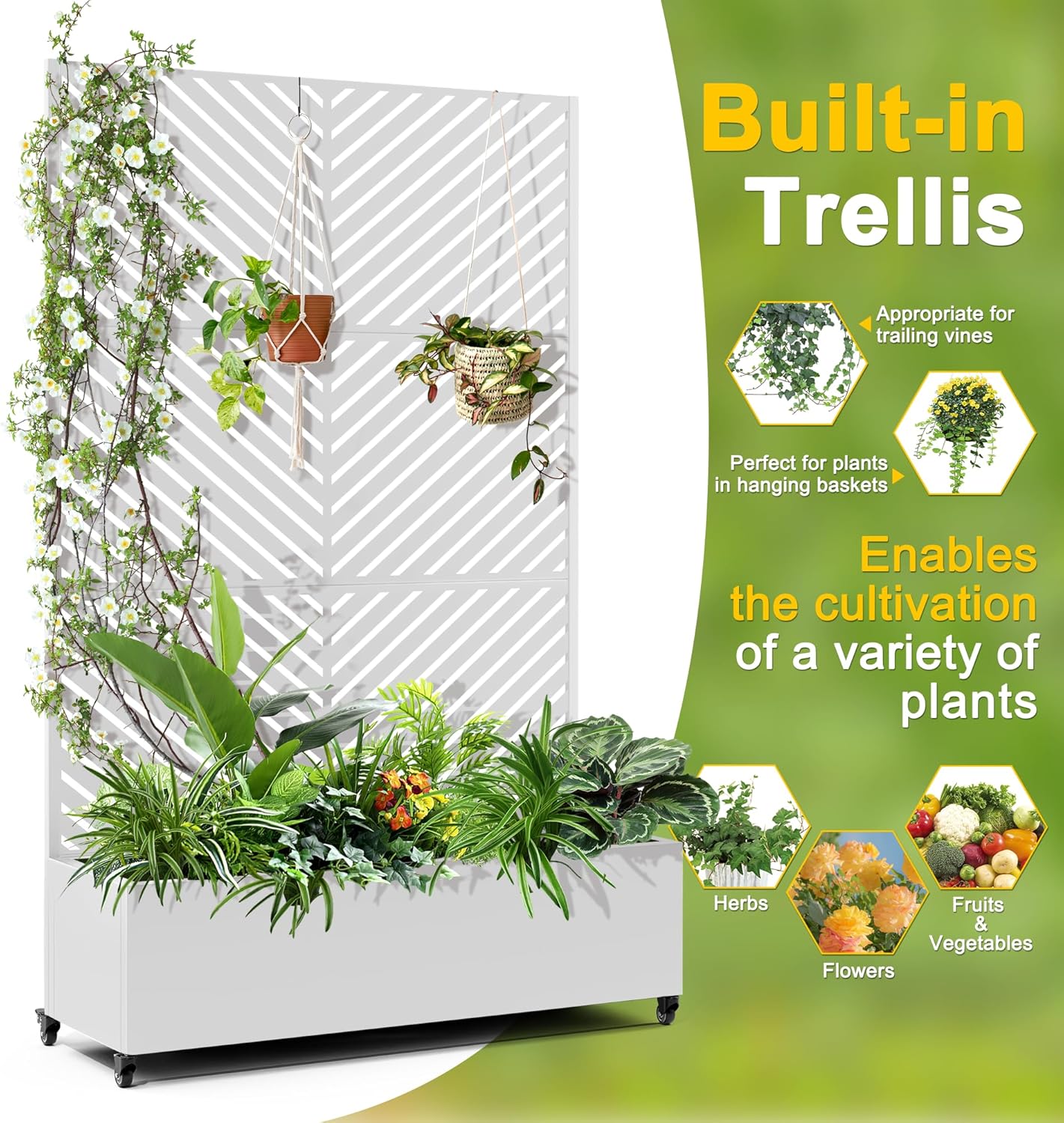 FENCY Metal Raised Garden Bed with Wheels and Trellis,73"x47"x16" Planter Box for Climbing Plants, Vegetables & Vines, Features Privacy Screen and Drainage Holes (White-Arrow)