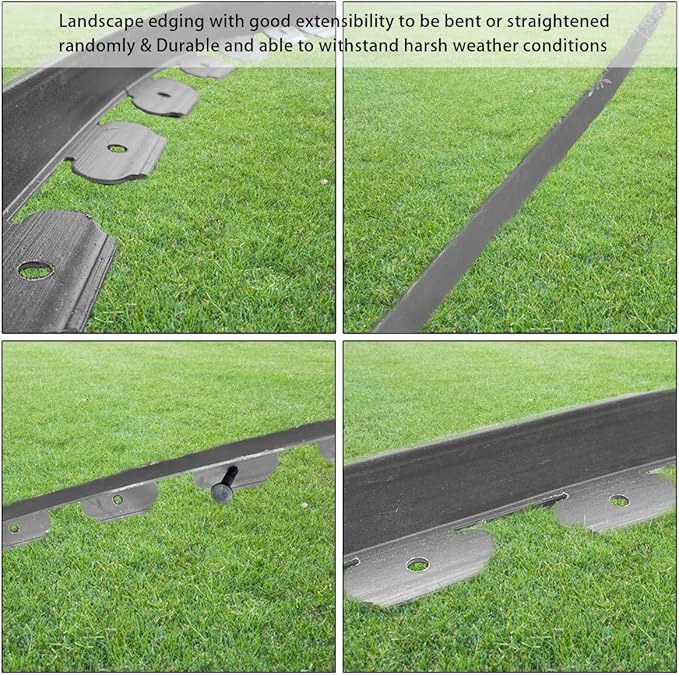 33FT Landscape Edging, 4 in Tall Garden Edging Borders with 30 Spikes,Flexible Lawn Edging Kit Plastic Mini Fence Borders for Grass Flower Beds, Pavement,Yard -Grey