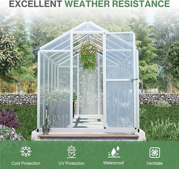 Aoodor 6 x 10 Ft Walk-in Greenhouse with Gutter, Polycarbonate and Heavy-Duty Aluminum Frame, Adjustment Skylight and Lockable 2-Sided Door for Patio, Outdoor, Yard, Lawn Use, Silver