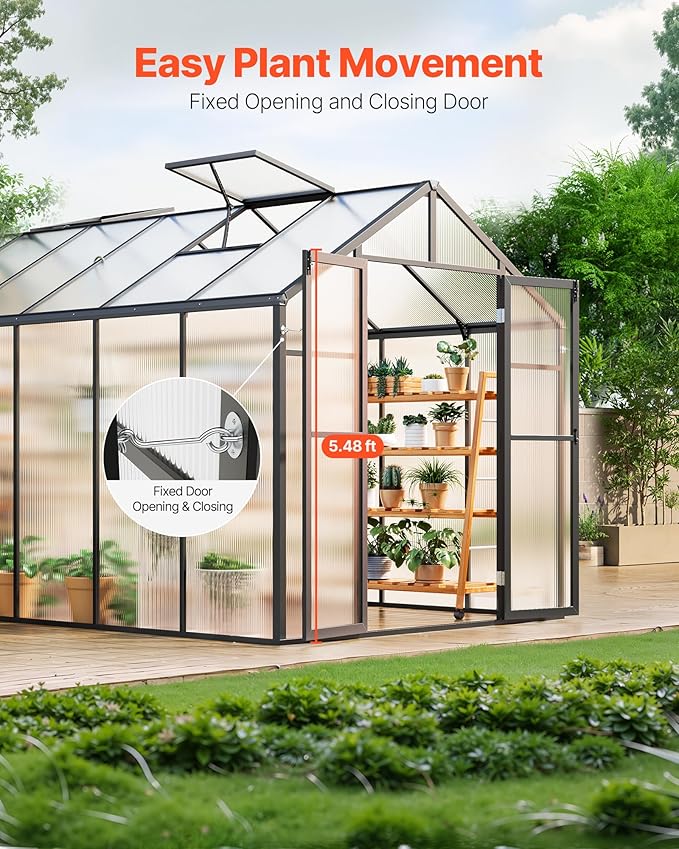 VEVOR Polycarbonate Greenhouse, 8 x 12 Ft, Outdoor Greenhouse with 2 Vent Windows, Pavilion Styled Greenhouse with Hinged Door, Aluminum Large Walk-in Greenhouse Kit for Outside Garden Backyard