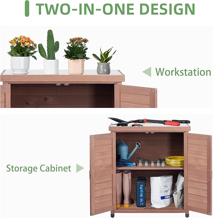 Potting Bench with Storage Cabinet and Metal Table Top for Outdoor Patio, Garden Furniture Wood Workstation (Farmhouse Brown, 31x17x36)