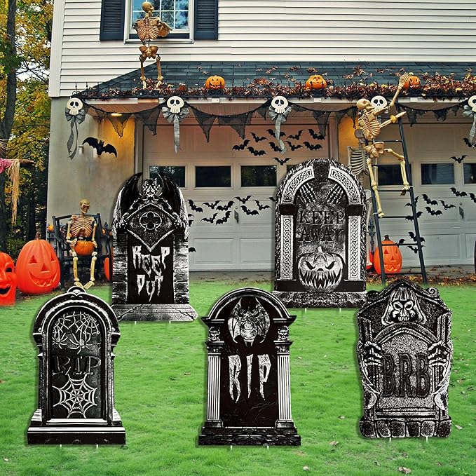 15.5“x23.6 Large Halloween Tombstones Outdoor Decor: Devil, Pumpkin, Bat, Spider, 5pcs Waterproof Safe Material Yard Signs, Halloween Gravestones for Home, Party, Cemetery Decor