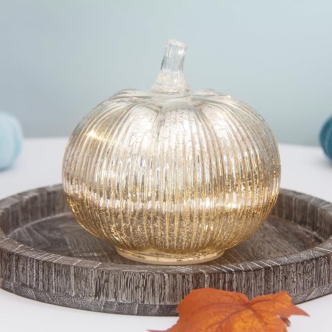 Mercury Glass Pumpkin Lights with Timer, Battery Operated Led Pumpkin Lights for Halloween Fall,Thanksgiving Rustic Decor (Silver Fine-Striped, 6")