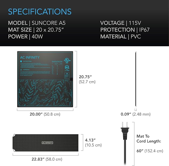 AC Infinity SUNCORE A5, Waterproof Seedling Heat Mat 20" x 20.75" MET & UL-Certified Heating Pad for Indoor Gardening, Hydroponics, Germination, Cloning