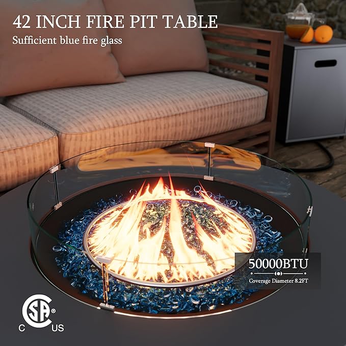 UPHA 42-inch Outdoor Propane Gas Fire Pit Table 50000 BTU Iron Round Firepit for Outside Patio with Tank Hidden Table, Wind Guard, Removable Lid, Blue Glass Rocks, Rain Cover, Dark Grey