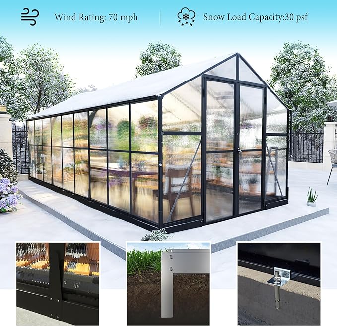 AMERLIFE 8x18x7FT Polycarbonate Greenhouse, Walk in Greenhouse with Quick-Connect System, Green House with 4 Windows and Swing Lockable Door, Greenhouses for Outdoors, Sunroom Black