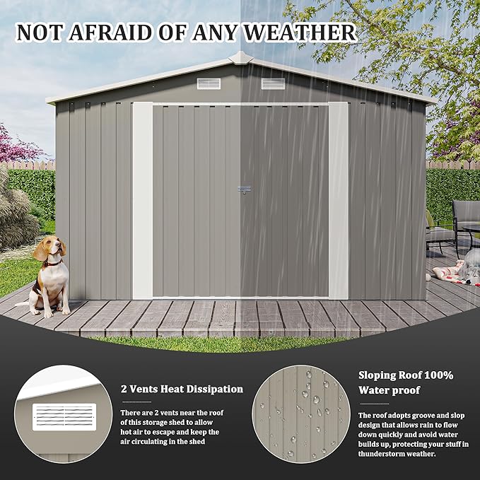 KEIKI 10x 14 FT Metal Storage Shed Outdoor, Large Garden Shed with Roof & Lockable Doors, Utility Tool Sheds Frame & 4 Vents for Patio Backyard Bicycles Storage House, All Weather Use, Light Grey