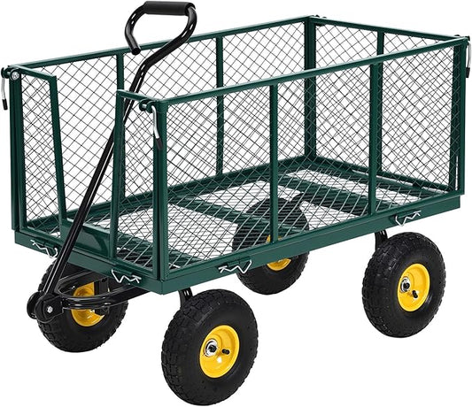 Heavy Duty Steel Garden Cart, 1100LBS Pullable Metal Garden Wagon with 10" Wheels, 180° Rotating Handle and Removable Sides for Outdoor, Farm, Yard, Beach ﻿