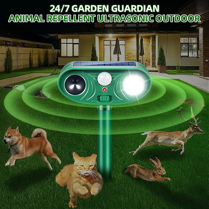 Solar Ultrasonic Animal Repeller Cat Deterrent Outdoor Squirrel Rabbit Dog Skunk Raccoon Coyote Fox Deer Predator Deterrents Repellent Device with Light (2)