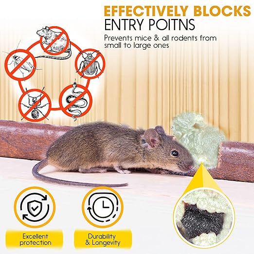 [Upgraded] Rodent Barrier Kit, Steel Wool Included PU Spray Foam Hole Filler for Mice Control 3.2"x7.5’ Rodent Control Fill Fabric, Gloves, Scissors,Gap Blocker in Hole Pipeline Vent in House, Garage