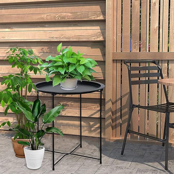 Garden 4 you End Table 2 PCS Metal Side Table Black Round Folding Tray Cyan Sofa Small Accent Fold-able Table, Round End Table Tray, Next to Sofa Table, Snack Table for Living Room and Bed Room