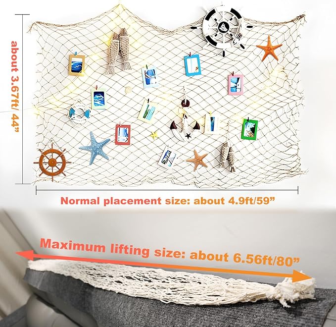 2 Pack Fish Net Decorations for Party, Natural Cotton Hawaiian Party Fishing Net Decorative, Nautical Themed Cotton Fishnet Under The Sea Pirate Ocean BeachHalloween Decor