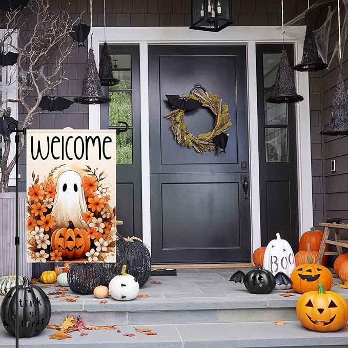 ChloropLastid Halloween Ghost Garden Flag 12x18 Inch Spooky Pumpkin Fall Welcome Holiday Outside Decorations Burlap Yard Flag Double Sided
