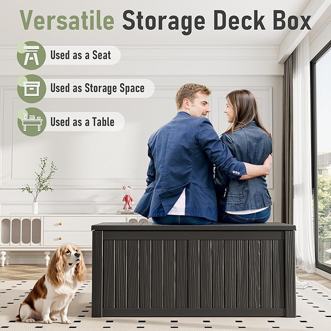 120 Gallon Deck Box,Waterproof Resin Outdoor Storage Box Lockable for Patio Furniture Cushions, Garden Tools, Heavy-Duty Double-Wall Structure with Gas Lift and Reinforced Seat Lid, Black