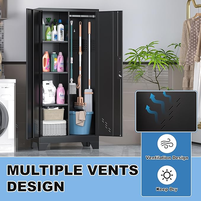 61" Outdoor Storage Cabinet, Heavy-Duty Metal Lockable Storage Cabinets with Ventilated Doors & Pegboard Hooks, Linen Storage Cabinet for Garage, Bathroom & Kitchen, Easy Assembly