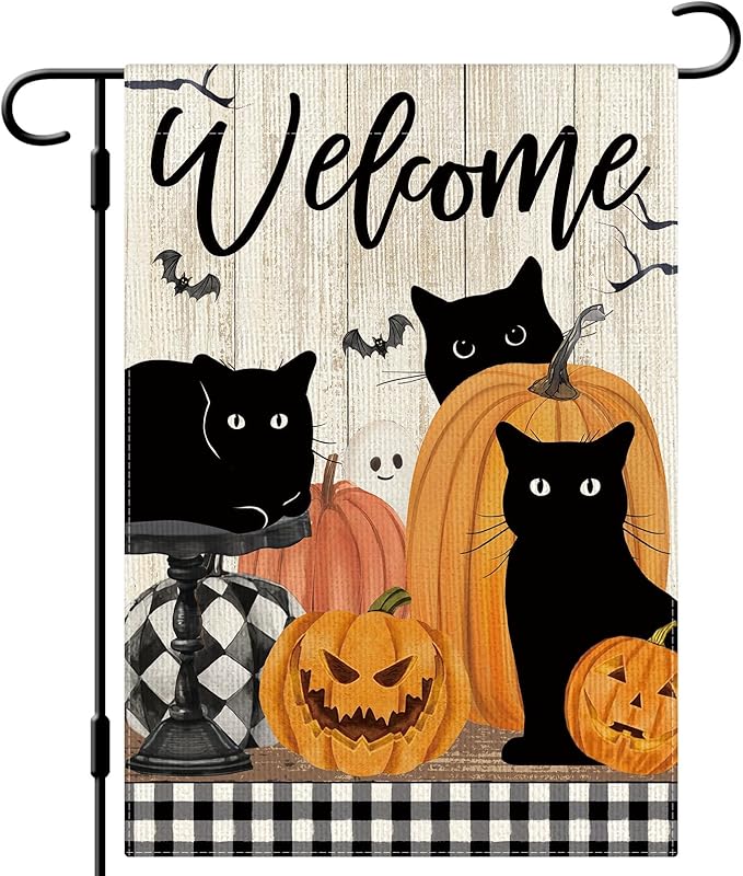 DLZDN Welcome Halloween Cat Garden Flag Black Cat Pumpkins Flag 12×18 Inch Double Side Vertical Burlap Farmhouse Yard Sign Holiday Seasonal Outdoor House Decoration