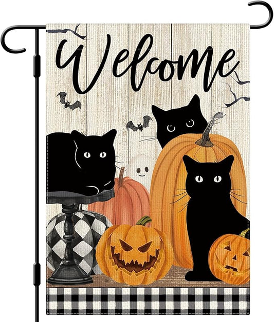 DLZDN Welcome Halloween Cat Garden Flag Black Cat Pumpkins Flag 12×18 Inch Double Side Vertical Burlap Farmhouse Yard Sign Holiday Seasonal Outdoor House Decoration