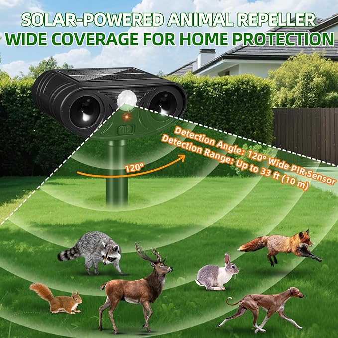 Solar Ultrasonic Animal Repellent Outdoor, Deer Repellent Devices, Waterproof Cat Rabbit Repeller with Motion Detection Flash Light to Deterrent Squirrel Dog Skunk Raccoon for Garden Yard Farm(4Pack)