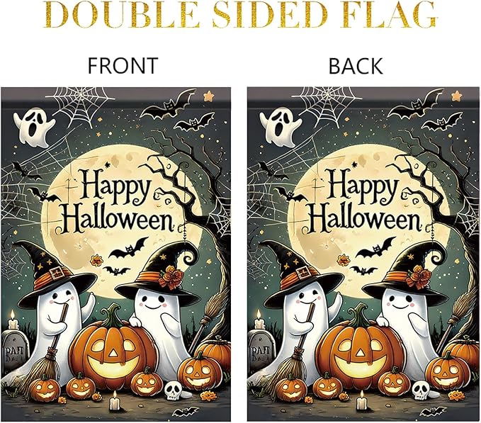 Halloween Garden Flag Funny Ghost Pumpkin Witch Hat Outdoor Yard Decoration Happy Halloween Banner 12x18 Inch Double Sided Holiday House Lawn Flag Vertical Seasonal Yard Sign Decor
