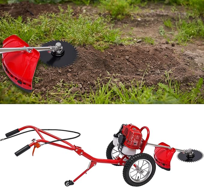 49CC 2-Stroke Gas Lawn Mower 1.8 KW Hand-Push Weeder 2-in-1 Grass Trimmer Dual-Blade Cultivator Home Single Cylinder Gasoline Garden Lawn Mower for Lawn, Yard, Small Farms