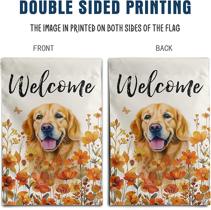 Floral Golden Retriever Garden Flag Fall Yard Flag Wildflower Dog Garden Flags Orange Autumn Lawn Flags Welcome Thanksgiving Outdoor Flags for Outside 12x18 Double Sided Small