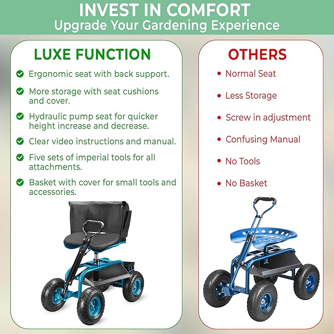 Garden Seat with Wheels – Adjustable 360° Swivel Gardening Stool with Hydraulic Height Adjustment, Ergonomic Backrest, and Tool Storage – Rolling Stool for Garden, Yard, and Outdoor Use