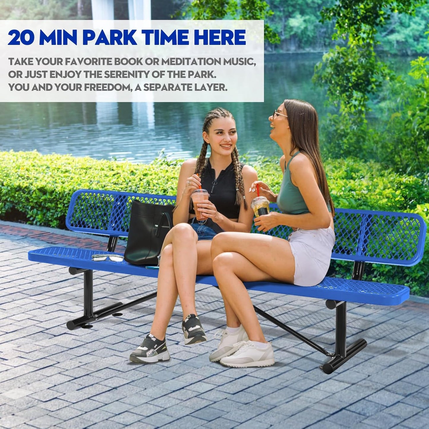 Heavy Duty Park Bench with Back Portable Frame, Outdoor Metal Park Bench with Backrest, Steel Mesh Outdoor Bench for Garden, Lawn, Patio, Porch, Park, Yard (Blue, 94.1" D x 23.2" W x 32.5" H)