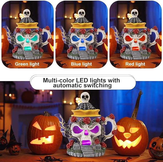 Light Up Halloween Haunted House Decor, 8.3"X 8.1" Resin Skull Head Decorative Teapot Figurine with Roses, Spooky Skeleton Miniature Village Indoor Outdoor Table Mantel Decorations for Home