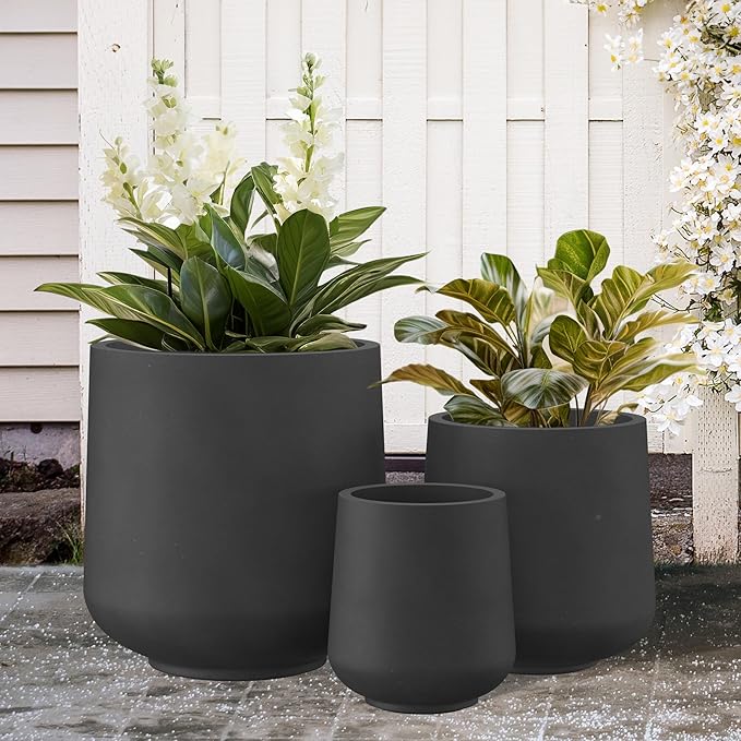 Kante 15.3"+11.6"+8.2" Dia Round Concrete Planter, Large Outdoor Indoor Planter Pots Containers with Drainage Holes and Rubber Plug for Home Garden Patio, Black