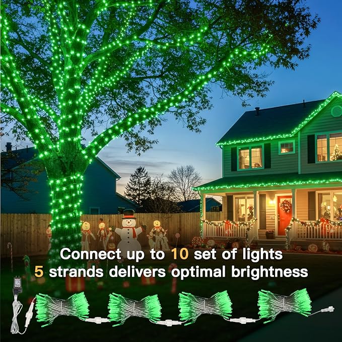 suddus Connectable Green Lights Outdoor with Remote, 33ft 100 LED Chirstmas String Lights Plug in Waterproof, Dimmable Clear Wire Fairy Lights for Xmas Tree,Halloween,Garden,Porch,Party Decorations