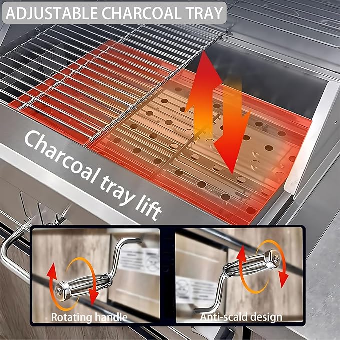 28 Inch Built In Charcoal Grills, Stainless Steel Charcoal bbq Grill Built In with Liftable Charcoal Tray, Rain Fabric cover, Insulated Hood and Temperature Gauge, for Outdoor Camping, Cooking