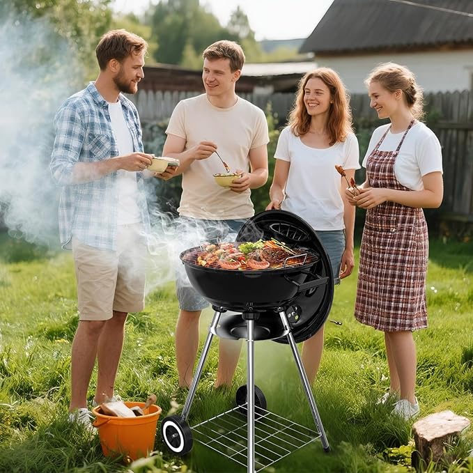 18 Inch Portable Charcoal Grill, Heavy Duty Kettle BBQ Smoker with Built-in Thermometer & Removable Water-Rinsable Ash Catcher for Outdoor Camping, Patio, Backyard, and Tailgating