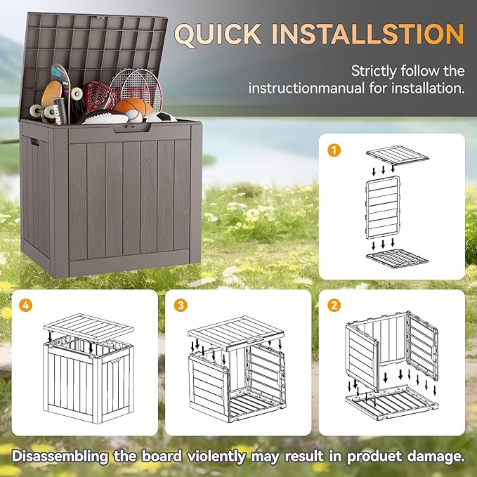 KAMABOKO Deck Box, 32 Gallon Resin Indoor and Outdoor Storage Boxes Waterproof for Garden Tools, Pool Accessories Storage Bench, Patio Furniture and Cushions with Lockable Lid, Grey