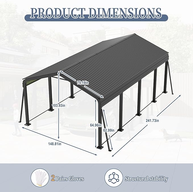 12x20 FT Metal Carport, Heavy Duty Car Port Canopy with Galvanized Steel Roof & Frame, Large Metal Carport Kit, Outdoor Car Garage, Steel Car Shelter for Car, Boat, Truck, Dark Gray