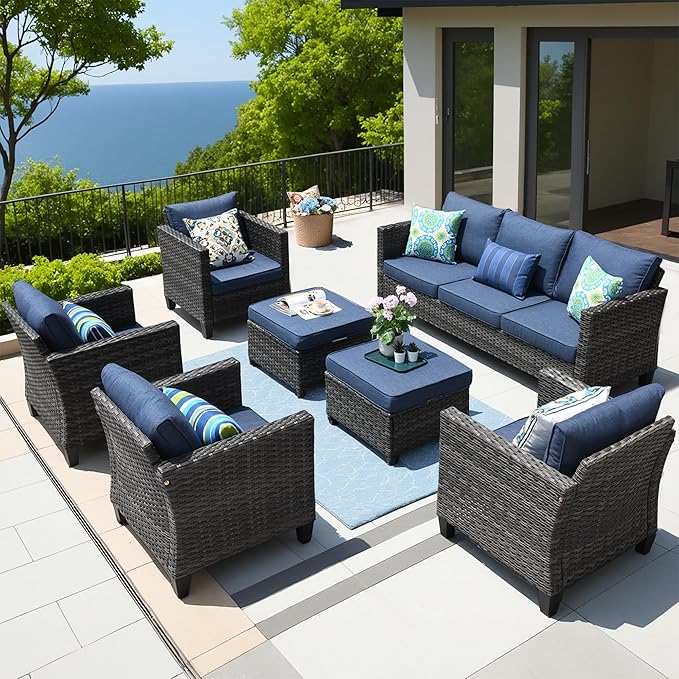ovios Patio Furniture Set, 7 Pieces Outdoor Wicker Sofa Couch with 4 Chairs, Ottomans and Comfy Cushions, All Weather High Back Rattan Conversation Set, Denim Blue
